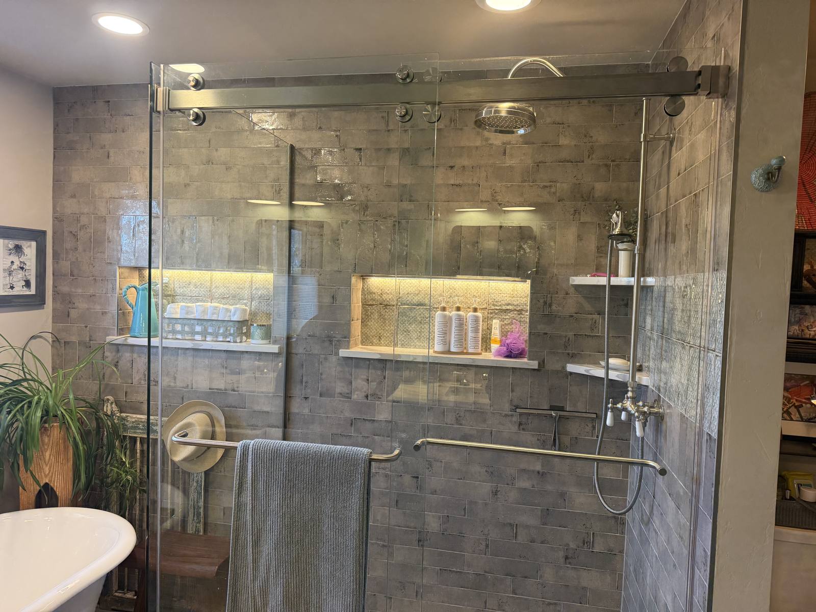 Custom tile shower in a primary bathroom